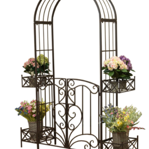 Garden Arch - with Gate and Planters in Rustic Brown